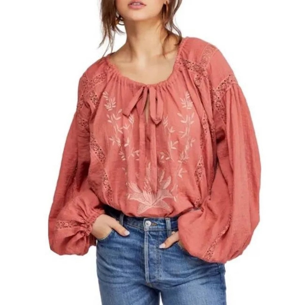 FREE PEOPLE Maria Maria Crochet Embroidered Blouse Athena Red Peasant Top, sz M
